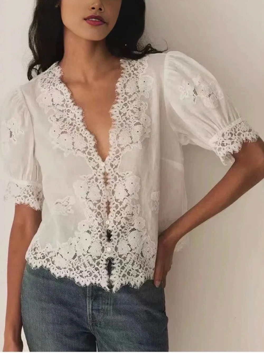 DÔEN Idella Top Salt White Lace Ramie Puff Sleeve Romantic Blouse L Cottagecore